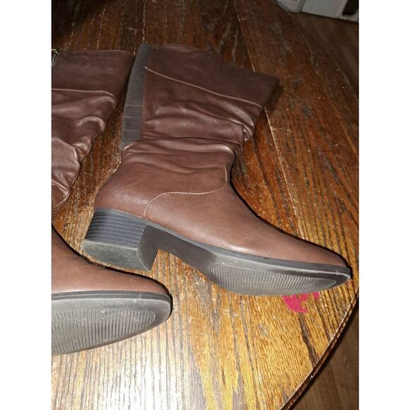 Size 9W DD Wide Calf Lane Bryant Brown Side Zip Stacked Low Block Heel Boots - Picture 3 of 9